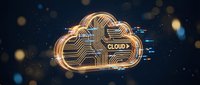 Golden cloud computing technology concept with circuit board patterns and glowing effects on dark background for digital transformation presentations.