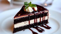 Slice of layered chocolate cake with vanilla cream filling, topped with dark chocolate ganache, decorative chocolate drizzle and fresh mint garnish on white plate.