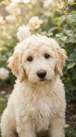 Adorable golden doodle puppy sitting in blooming rose garden with soft natural lighting and bokeh background for pet care and family lifestyle content.