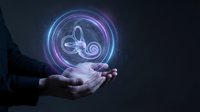Businessman hands holding glowing neon butterfly symbol with circular light effects on dark background for digital transformation and innovation concepts.