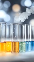 Laboratory test tubes with colorful chemical liquids and rising smoke against blurred bokeh background, showing chemical reaction process in research lab.