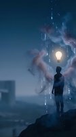 Silhouette of man standing on cliff reaching toward glowing lightbulb in stormy night sky with digital rain and dramatic clouds for inspiration concepts.