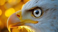 Close-up of bald eagle's eye and beak against golden bokeh background, showcasing wildlife majesty and predator detail.