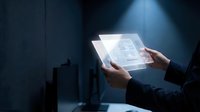Hands holding transparent digital tablet displaying architectural blueprint in dark modern office environment with dramatic lighting.