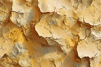 Cracked and peeling paint layers create abstract texture pattern in warm beige and golden tones on weathered wall surface showing aging and decay effects.