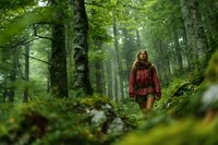 Young woman in red jacket hiking through misty green forest with tall trees, exploring nature on a peaceful woodland trail.