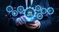 Businessman using smartphone with glowing NPS net promoter score interface and customer satisfaction icons on dark digital background.