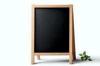 Empty wooden framed chalkboard standing on white surface with small green plant decoration, isolated on white background for menu or message display.