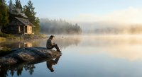 Man fishing at sunrise on misty lake with wooden cabin and forest reflection creating peaceful morning atmosphere for outdoor recreation and nature escape.