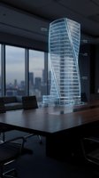 Holographic skyscraper model displayed on office desk with cityscape view through windows, showing architectural design and building specifications for real estate development projects.
