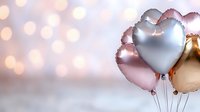 Romantic heart-shaped metallic balloons in rose gold, silver and gold colors against blurred bokeh background with copy space for Valentine's day celebration.