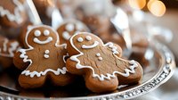 Freshly baked gingerbread men cookies decorated with white icing smiles and details on vintage silver plate, festive bokeh lights in background.