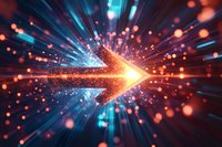 Glowing orange arrow shape with light particles and rays bursting forward against dark background with blue motion streaks and bokeh effects.
