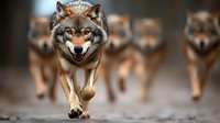 Wolf pack running together in natural habitat showing teamwork and wild animal behavior in forest environment.