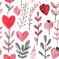 Romantic seamless pattern with hand drawn red hearts, strawberries and floral elements on white background. Repeating design for Valentine's Day, wedding, or love themes.