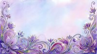 Purple floral ornamental border with swirling baroque flourishes and blooming flowers on soft watercolor background, suitable for wedding invitations and greeting cards.