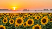 Golden sunflower field at sunrise with warm orange sky and morning mist creating peaceful agricultural landscape for nature and farming content.