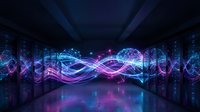 Futuristic data center with glowing neon light streams and server racks. Digital technology concept for cloud computing and network infrastructure visualization.