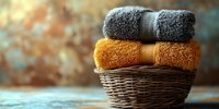 Soft folded bath towels in gray and orange stacked in wicker basket against rustic background, creating cozy bathroom atmosphere.