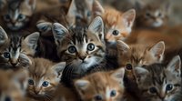 Group of adorable kitten faces looking up with curious expressions, featuring mixed colored fur and bright blue eyes in warm brown tones background.