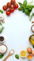 Fresh cooking ingredients arranged on white background with cherry tomatoes, basil, garlic, herbs, olive oil, eggs and spices for culinary recipes.