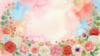 Watercolor floral frame with roses, hearts, and botanical elements on soft pastel background, ideal for wedding invitations, greeting cards, and romantic designs.