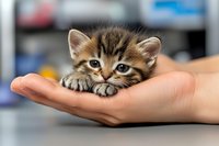 Adorable tabby kitten with blue eyes resting in caring hands, looking directly at camera. Sweet expression and tiny paws create heartwarming moment for pet care and animal adoption.
