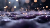 Magical winter landscape with glowing bokeh lights and sparkling snow crystals creating dreamy purple waves in dark evening atmosphere.