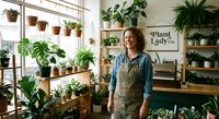 Young woman plant shop owner standing proudly in greenhouse nursery surrounded by green houseplants and potted herbs on wooden shelves with natural sunlight.