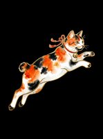 Leaping calico cat with red bow and bell, watercolor ink style, isolated on transparent background, ready for stickers, t-shirt design, and print on demand.
