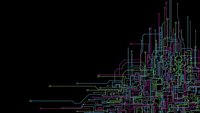 Abstract digital circuit board pattern with colorful neon lines and connections on black background for technology and electronics design projects.