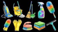 Colorful cleaning tools clipart set isolated on transparent background, including vacuum, mop, broom, spray bottle, gloves, and brush for stickers, t-shirt design, print on demand.