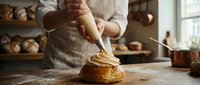 Baker spreading butter on fresh bread loaf in rustic kitchen with shelves of baked goods, ideal for bakery, food business, and culinary content.