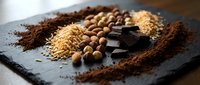 Artisanal chocolate ingredients arranged on dark slate surface with cocoa powder, cacao beans, oats and dark chocolate pieces for gourmet cooking.