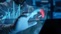 Business professional analyzing digital performance dashboard with speedometer gauge showing high speed metrics and financial data visualization charts.