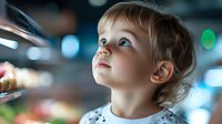 Caucasian toddler with blonde hair gazing upward with wonder and curiosity against blurred bokeh lights background, capturing childhood innocence and discovery.