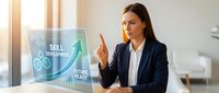 Professional businesswoman presenting skill development and future growth concepts with holographic display technology in modern office environment.