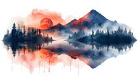 Dramatic mountain landscape watercolor illustration with red sunset and forest reflection in calm lake water, perfect for wall art, home decor, and nature-inspired designs.