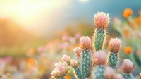 Pink cactus flowers blooming in soft sunset light with blurred natural background creating dreamy desert garden atmosphere with warm golden glow.