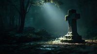 Stone cross in mystical dark forest with ethereal light beam illuminating the grave marker, creating haunting atmosphere for horror concepts.