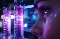 Glowing pink test tubes in laboratory with female scientist profile silhouette examining chemical reaction in dark setting with bokeh lights background.