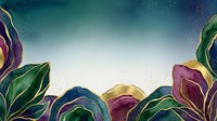 Young woman with medium skin tone, wearing elegant burgundy and gold attire, surrounded by ornate botanical elements with jewel-toned leaves in emerald and plum, set against a luminous starry night sky with ethereal light effects, suitable for luxury branding and editorial design.