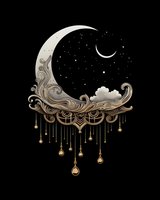 Ornate crescent moon with baroque swirls and hanging light bulbs against starry night sky, mystical celestial art with decorative vintage elements and clouds.
