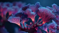 Glowing bioluminescent mushrooms in dark forest with vibrant pink and blue colors creating magical atmosphere for fantasy or nature backgrounds.