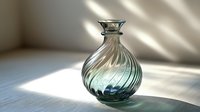 Elegant spiral-patterned glass vase in soft green tint catching natural sunlight and casting shadows on white surface. Decorative home interior styling.