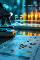Microscope in laboratory with test results and colorful bokeh lights in background, scientific research environment for medical analysis.