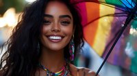 Young African American woman with bright smile holding rainbow umbrella in natural lighting, wearing colorful jewelry. Bokeh background creates joyful summer atmosphere.