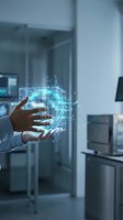 Male professional in business attire holding glowing digital globe hologram with network connections in modern office environment for technology and innovation concepts.