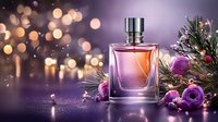 Elegant perfume bottle with purple roses and pine branches against blurred bokeh lights background, luxury cosmetic product photography for beauty advertising.