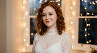 Young Caucasian woman with curly red hair in elegant white lace dress smiling at camera with warm bokeh lights and window background for portraits.
